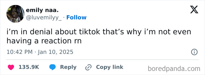 Tweet reacting to TikTok ban in America with humor about being in denial, featuring engagement stats.