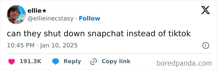 Tweet reacting to TikTok's potential ban, suggesting Snapchat should be shut down instead.