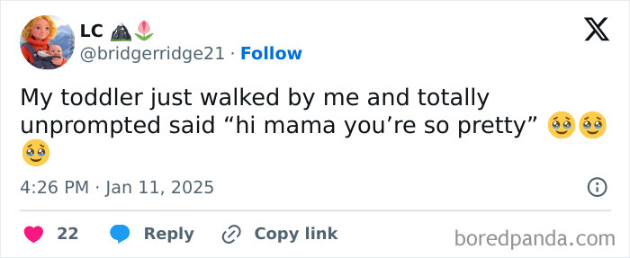 Screenshot of a tweet about a toddler's heartwarming compliment to their mom.