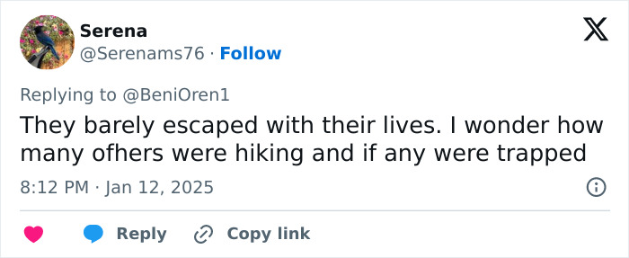 Serena\'s tweet discusses the escape from La Palisades fire, raising concerns about trapped hikers.