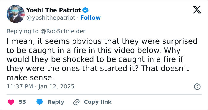 Tweet discussing a video where young men seem surprised about a fire, raising conspiracy theories regarding the La Palisades fire.