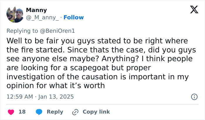 Tweet discussing the investigation of the La Palisades fire, with mentions of finding a scapegoat and proper causation.