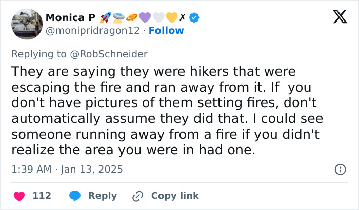 Tweet discussing young men allegedly starting La Palisades fire and debunking conspiracy theories.