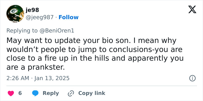 Tweet discussing conspiracy theories related to young men near a hill fire, sparking allegations of pranking.