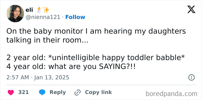 Tweet about funny toddler conversation heard on a baby monitor, featuring a playful exchange between siblings.