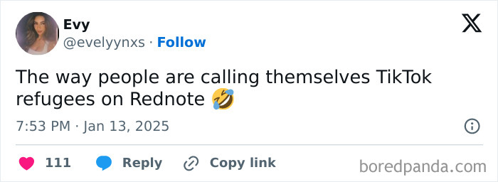 Tweet reacting to TikTok ban in America, mentioning "TikTok refugees on Rednote" with laughing emoji.