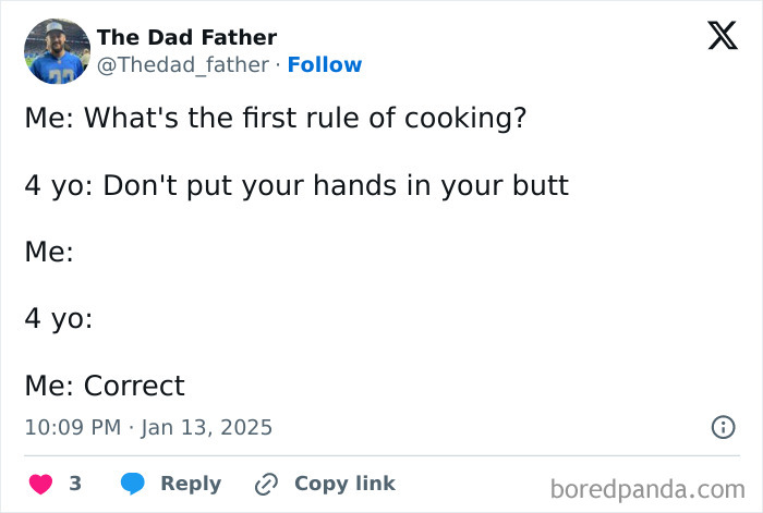 Dad meme about cooking rule humor featuring funny dialogue with a 4-year-old.