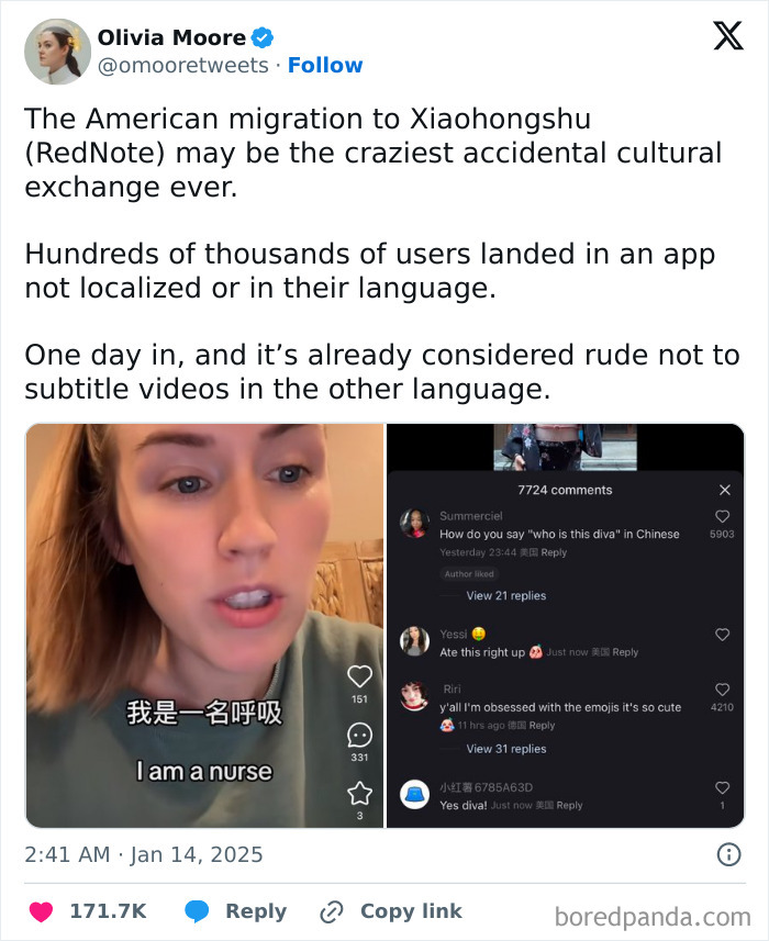 Screenshot of a tweet about TikTok ban reactions, showing a woman and comments on Xiaohongshu app.