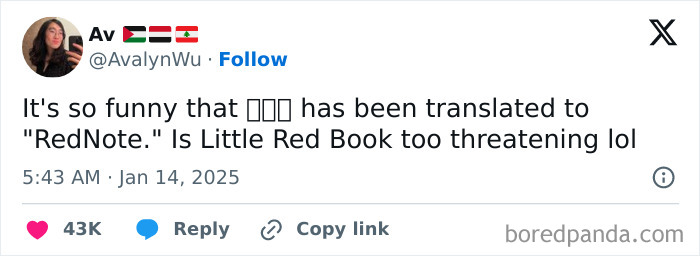 Tweet reacting to TikTok ban in America, joking about translation of "Little Red Book" with engagement stats visible.