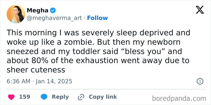 Tweet about sleep-deprived parent, toddler saying "bless you" to newborn, showing heartwarming toddler interactions.