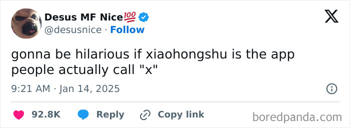 Tweet joking about TikTok ban, mentioning Xiaohongshu as a potential alternative app people might call "x".