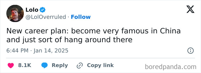 Tweet reaction to TikTok ban in America, discussing a new career plan to become famous in China.