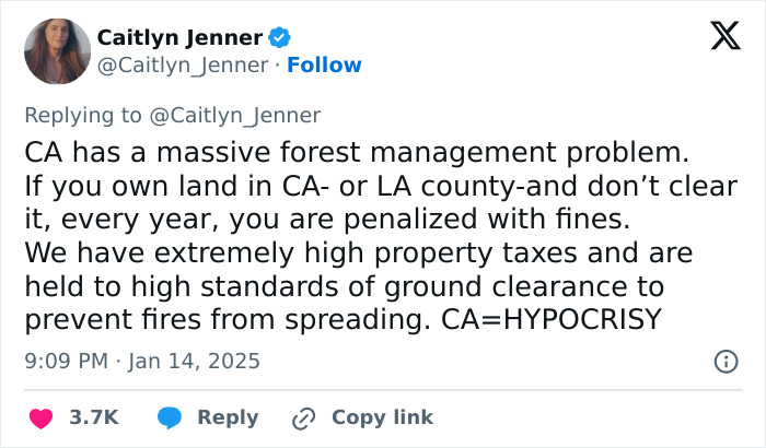 Caitlyn Jenner discusses forest management issues contributing to LA wildfires in a tweet.