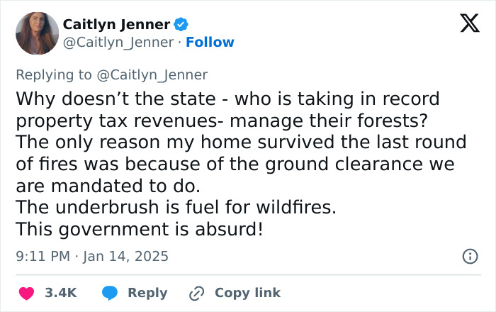 Caitlyn Jenner tweet criticizing government forest management contributing to LA wildfires.