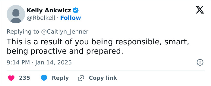 Tweet reply discussing responsibility and preparedness related to LA wildfires tragedy.