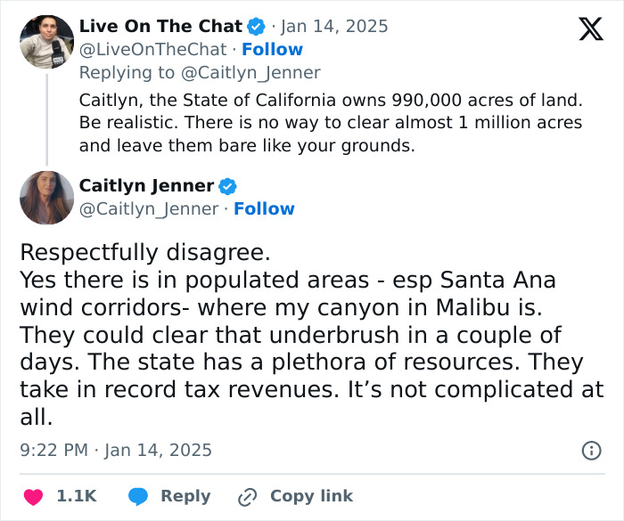 Caitlyn Jenner discusses LA wildfires, highlighting underbrush clearing and resources needed in tweet exchange.