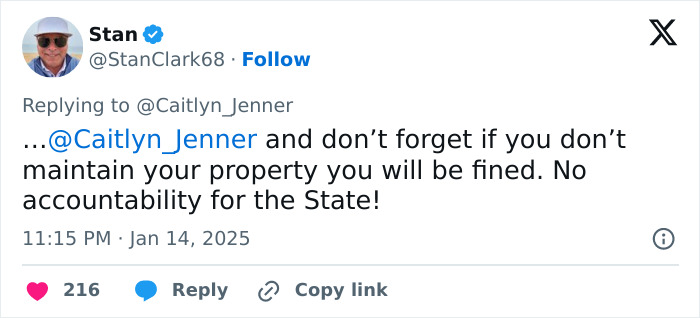 Tweet mentions Caitlyn Jenner, discussing property maintenance and state accountability, linked to LA wildfires tragedy.