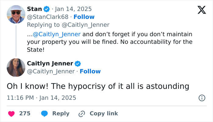 Caitlyn Jenner responds to a tweet highlighting issues linked to LA wildfire tragedy.