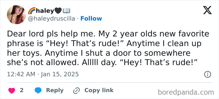 Tweet screenshot about funny things toddlers say, describing a toddler's new phrase, "Hey! That’s rude!"