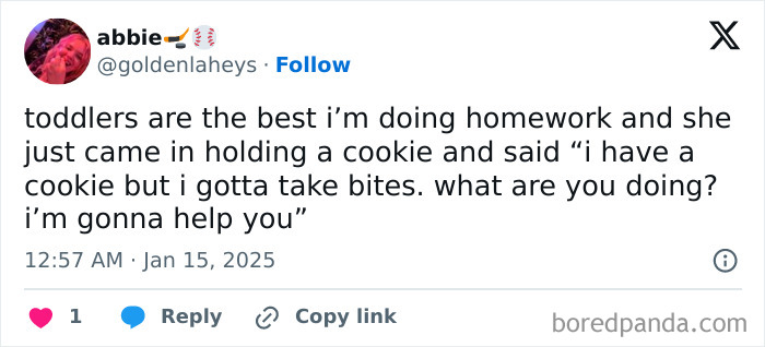 Tweet about a toddler humorously offering help while holding a cookie, showcasing the funny things toddlers say.