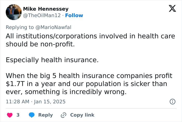 Tweet discussing non-profit healthcare amid Prospect Medical's $400M debt.