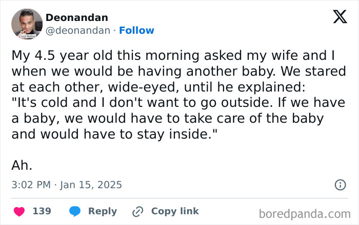 Tweet about a 4.5-year-old asking awkward questions on having another baby due to cold weather.