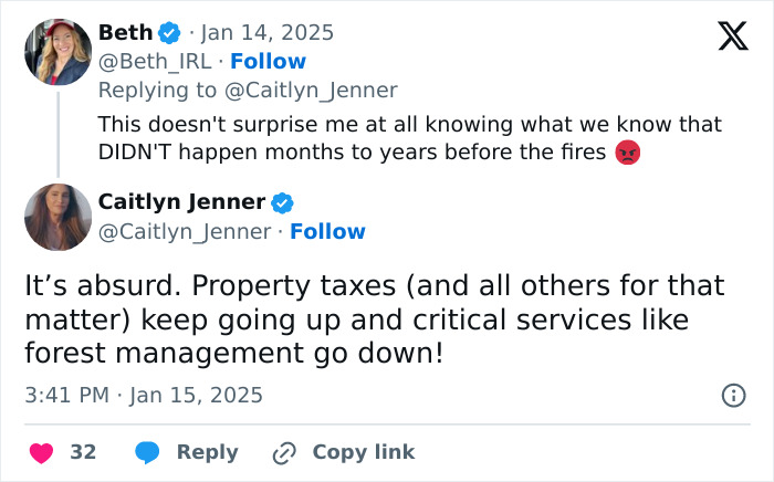 Caitlyn Jenner highlights issues causing LA wildfires tragedy in tweet about taxes and forest management.