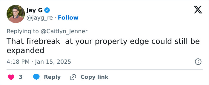 Tweet discussing a firebreak at Caitlyn Jenner's property edge related to LA wildfires.