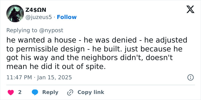 A tweet about someone wanting to build a house in Florida and neighbors having objections.