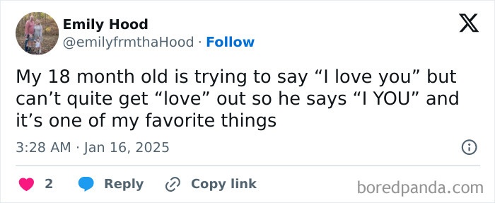 Tweet sharing a heartwarming toddler moment saying "I YOU" instead of "I love you".