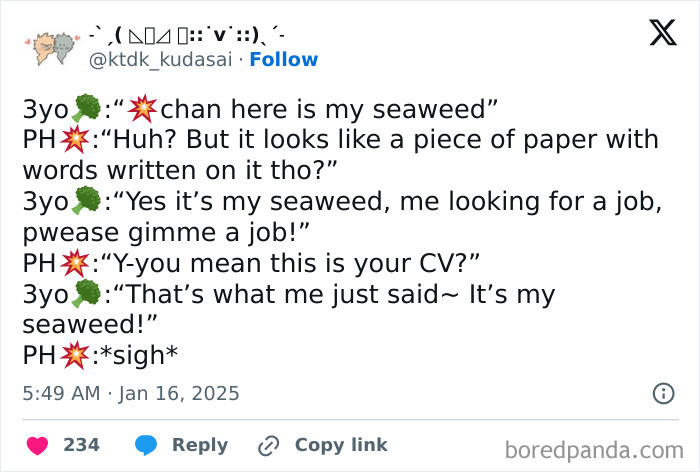 Child's conversation about "seaweed" CV; humorous awkward parent-kid exchange.