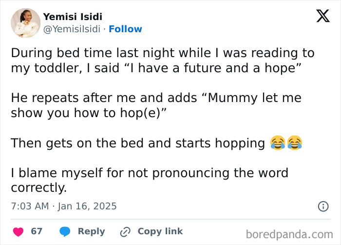 Tweet about funny and heartwarming thing a toddler said, featuring a parent's bedtime story with a humorous mispronunciation.