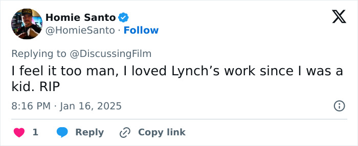 Tweet tributing Lynch's work, expressing admiration since childhood.