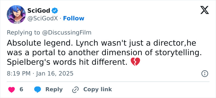 Tweet tribute praising David Lynch, calling him a legend in storytelling with Spielberg mentioned.