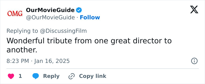 Tweet tribute to a legendary director from OurMovieGuide, featuring a heartfelt message.