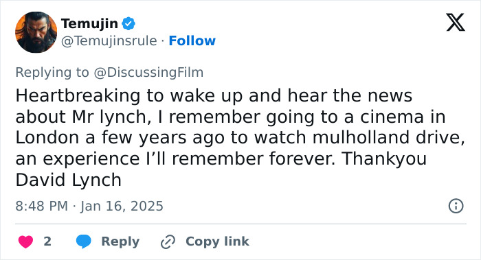 A tweet paying tribute to David Lynch, expressing gratitude and sharing a memorable cinema experience.