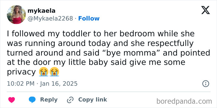 Screenshot of a tweet about hilarious and heartwarming toddler remarks, featuring a child's request for privacy.