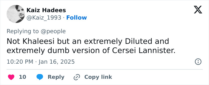 Tweet criticizing Blake Lively's comparison to Khaleesi with a Cersei Lannister reference, showing fan disapproval.