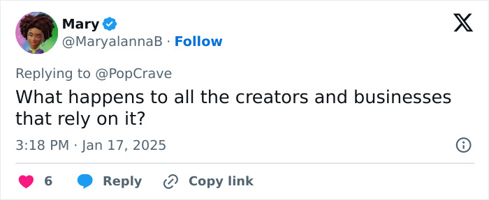 Tweet questioning TikTok ban impact on creators and businesses.