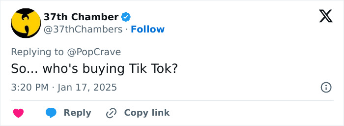 Tweet asking, "So... who's buying Tik Tok?" in response to TikTok ban discussions.