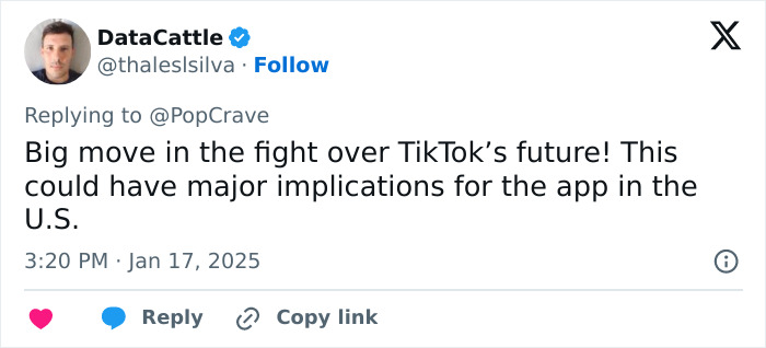 Tweet discussing TikTok's potential ban and its implications in the U.S.