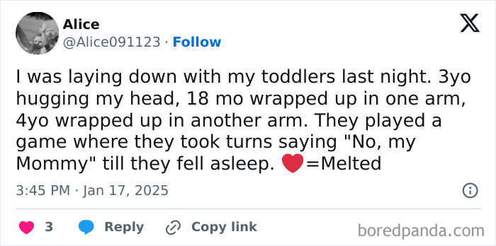 Tweet about heartwarming things toddlers say, describing bedtime with a mother and her toddlers.