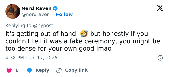 Tweet joke about being tricked into a fake wedding ceremony.