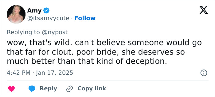 Tweet by Amy expressing disbelief over a bride scammed by an influencer in a fake wedding for clout.