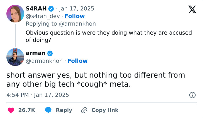 Twitter exchange discussing TikTok secrets, comparing practices to other big tech companies like Meta.