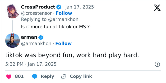 Tweet discussing TikTok's work environment, comparing it to Microsoft.