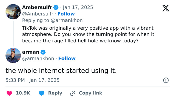 Tweet exchange discussing TikTok's past positive atmosphere and current issues.