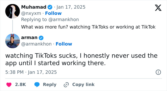 Tweets discussing TikTok secrets, highlighting dissatisfaction with watching TikToks versus working there.