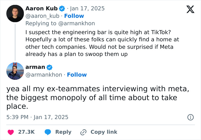 Tweet discussing TikTok's former employees interviewing with Meta, hinting at tech industry secrets and competition.