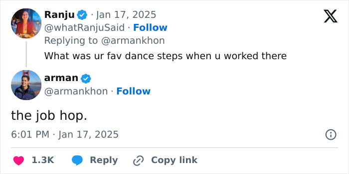 Tweet exchange about TikTok secrets with humorous comment on a past job by former employee.